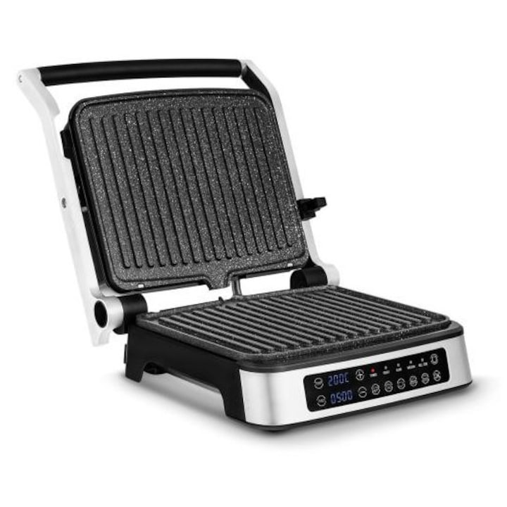 Gratar electric Zeegma Grill Chef Silver 2100W, Zona mare de prajire, Capac deschidere 180°, Acoperire antiaderent, Control temperatura, Tava colectare grasimi, Reglare unghi, Argint