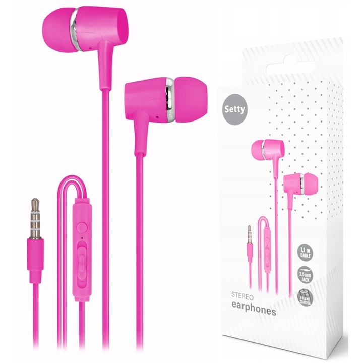 Casti cu fir Setty SPD-J-26, roz, 1m, jack 3,5mm, cu microfon, set