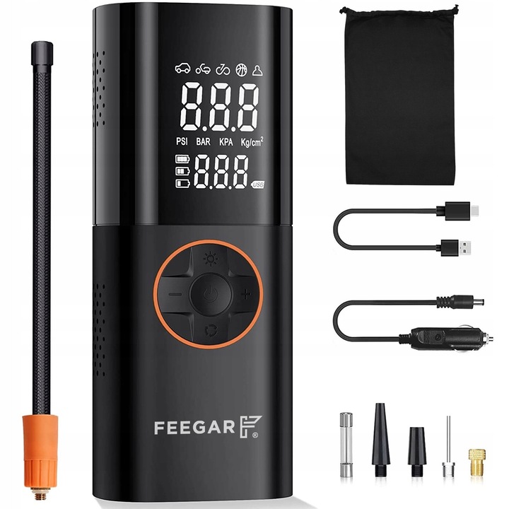 Compresor auto, Feegar Expert, 7800mAh, 150 PSI, cu alimentare, negru