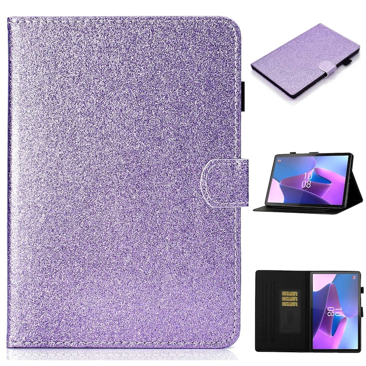 Husa tableta pentru Lenovo Tab P12 2023 / TB370FU, piele inteligenta cu sclipici, tip carte cu suport, inchidere magnetica, violet