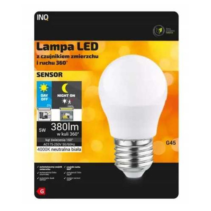 Bec LED G45 5W 4000K 380lm cu senzor de miscare si senzor de amurg, 80x45mm, set