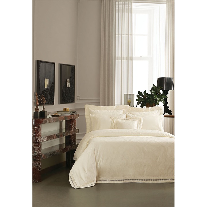 Valeron prémium dupla ágyneműgarnitúra, Bernelle, 7 darabos, 200x220 cm, 100% egyiptomi pamut, 310 TC sűrűség, egyszínű minta, krémszínű