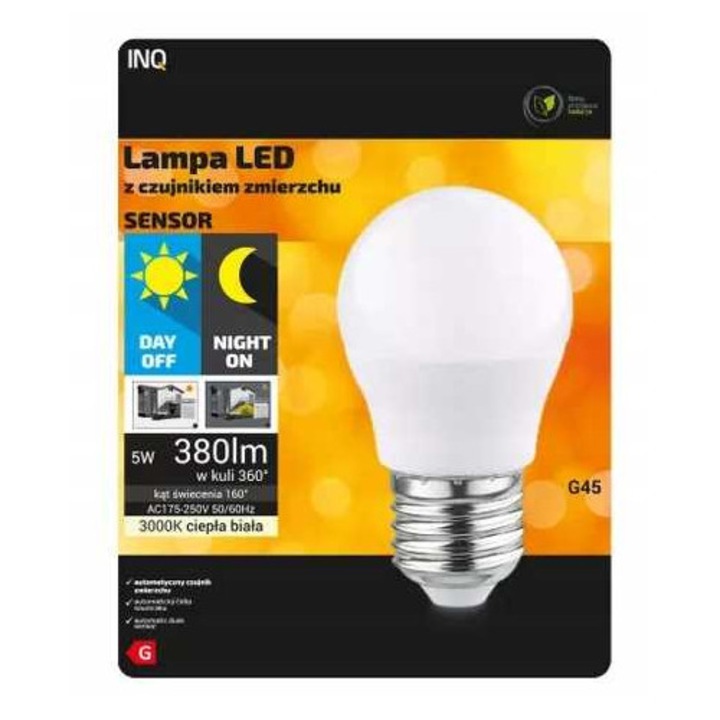 Bec LED G45 5W 3000K 380lm cu senzor de intuneric, dimensiuni 80x45mm