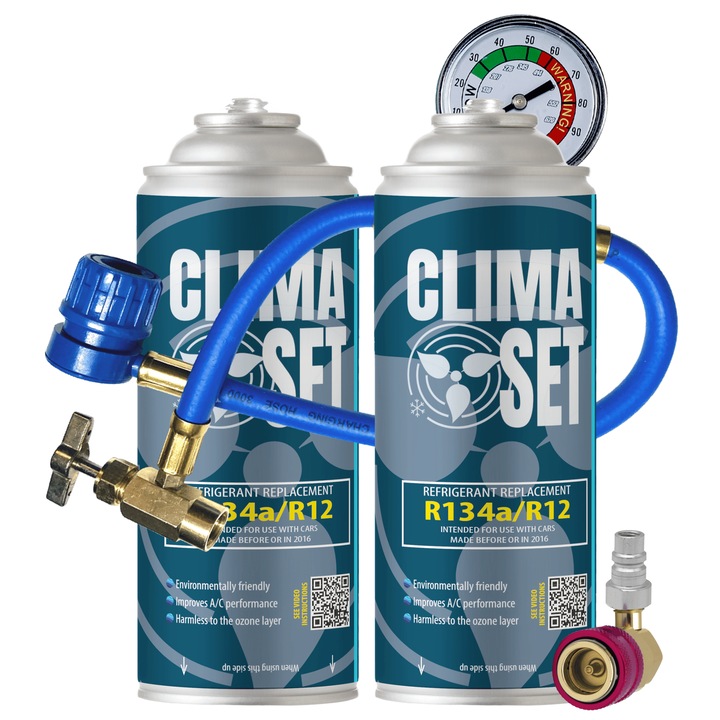 ClimaSet készlet az autó klímaberendezésének feltöltéséhez, 2 palack R134a hűtőközeggel, cső nyomásmérővel, nagynyomású/kisnyomású gáz adapter