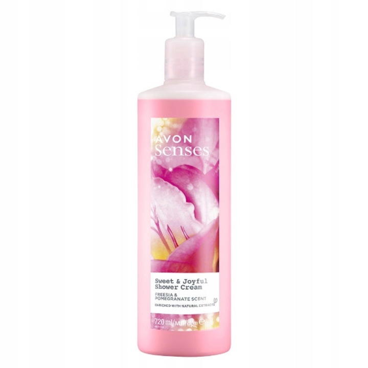 Gel de dus Avon Sweet & Joyful, 720ml, cu aroma de granat si frezie, formula hidratanta