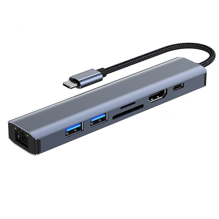 Адаптер Hub Многопортов 7 в 1, USB Type-C към HDMI 4K / 30Hz, USB-C порт за данни и PD 100W порт за зареждане, LAN RJ45 Ethernet, четец на SD/TF карти, 2 USB 3.0, Докинг станция за лаптоп HP, Lenovo, Macbook, алуминиево сив