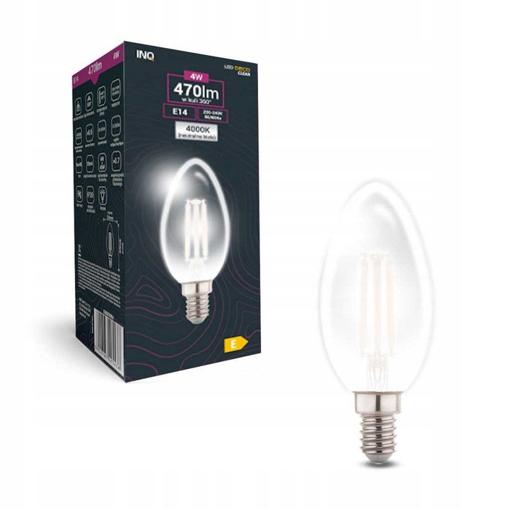 Bec LED E14 4W 4000K, 470lm, C37, transparent, 97x35mm