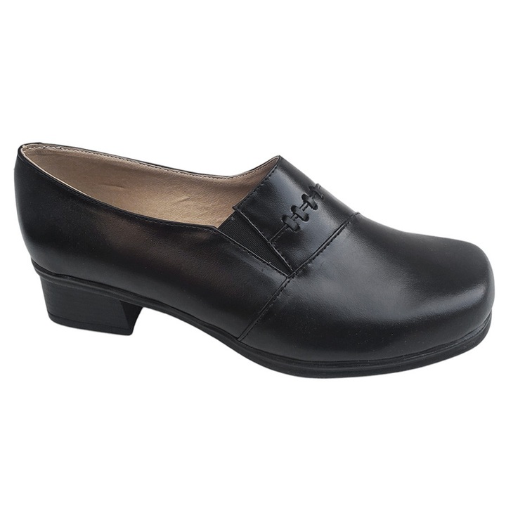 Pantofi Dama Lati din Piele Naturala Neagra, Calapod Comod, Talpa Ortopedica Usoara din Poliuretan cu Toc Masiv 3, 5cm – Casual si Office, Fabricat in Romania, Negru