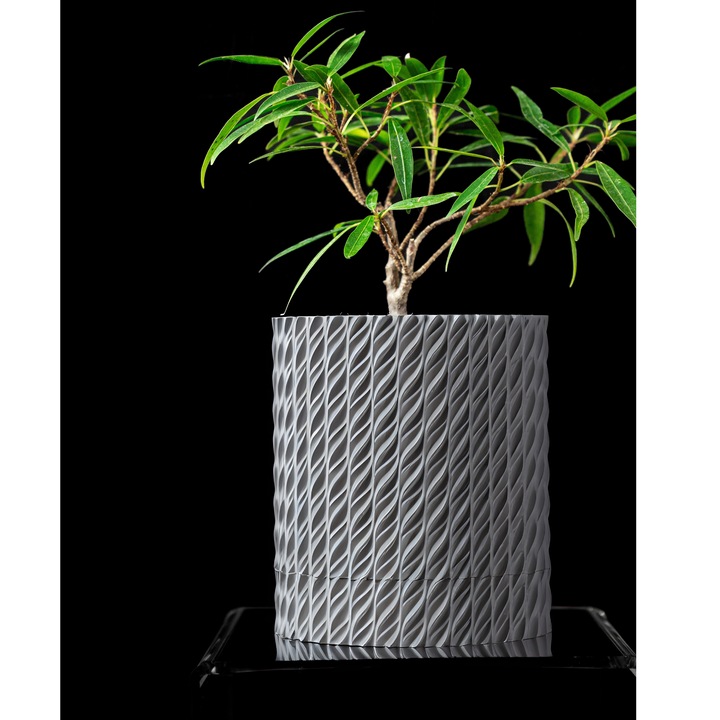 Ghiveci de flori 3d Folium Premium rotund 11.5 x 13.2 cm, Culoare Gri