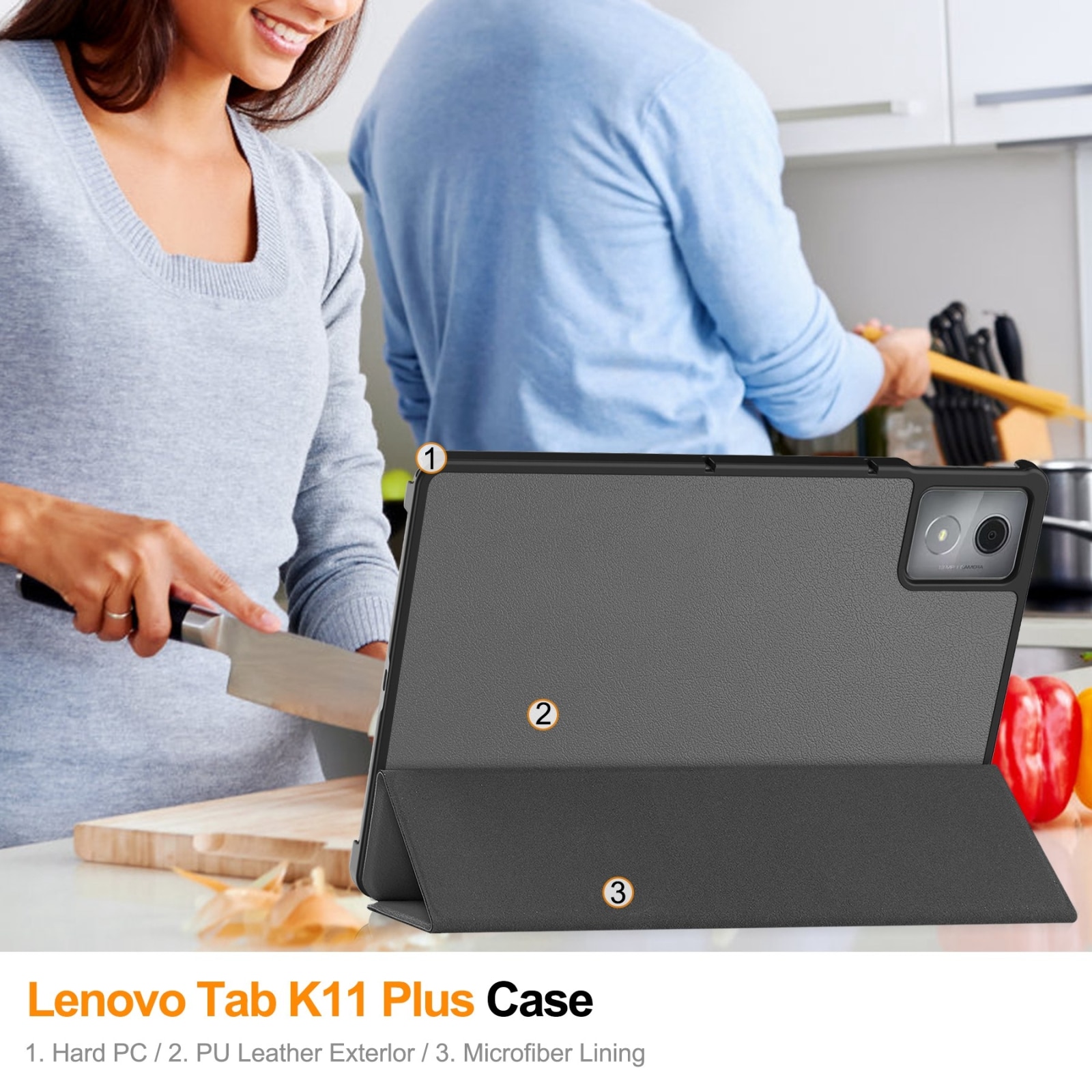 Husa tableta pentru Lenovo Tab K11 Plus, textura de piele tip custer, cu 3 pliuri si suport, gri