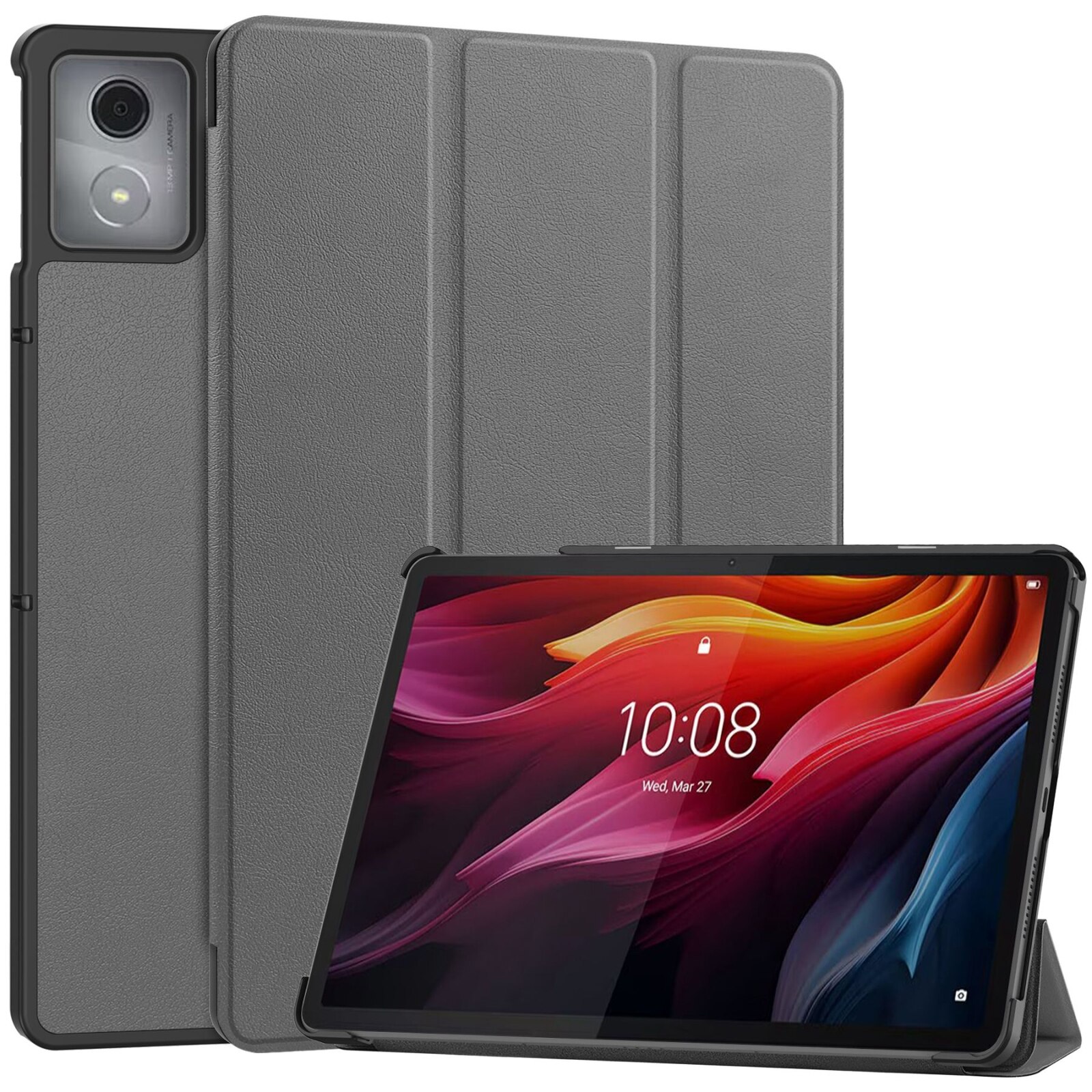 Husa tableta pentru Lenovo Tab K11 Plus, textura de piele tip custer, cu 3 pliuri si suport, gri