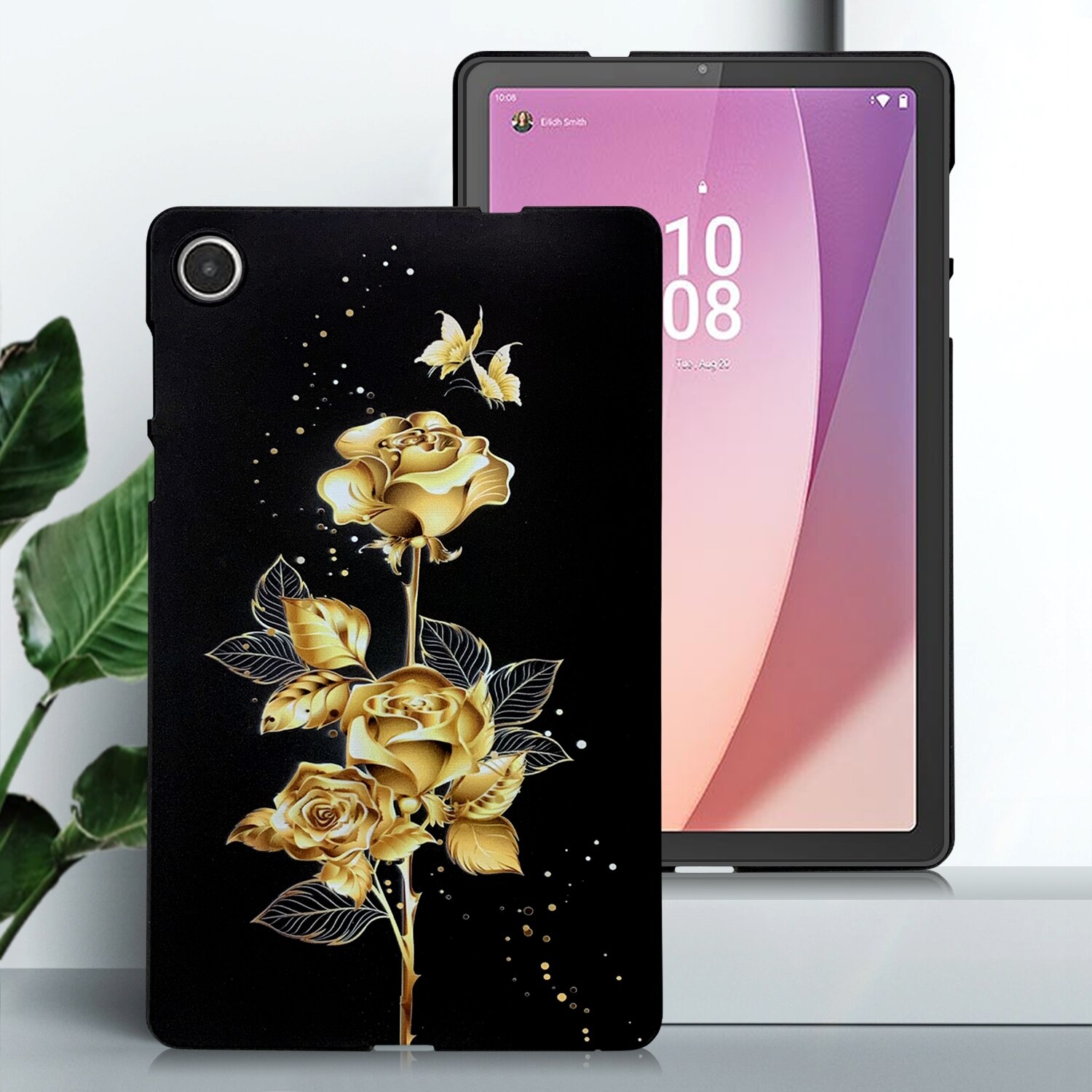 Husa tableta pentru Lenovo Tab M8 4th Gen, tip design cu model pictat, din TPU, culori aurii si roz