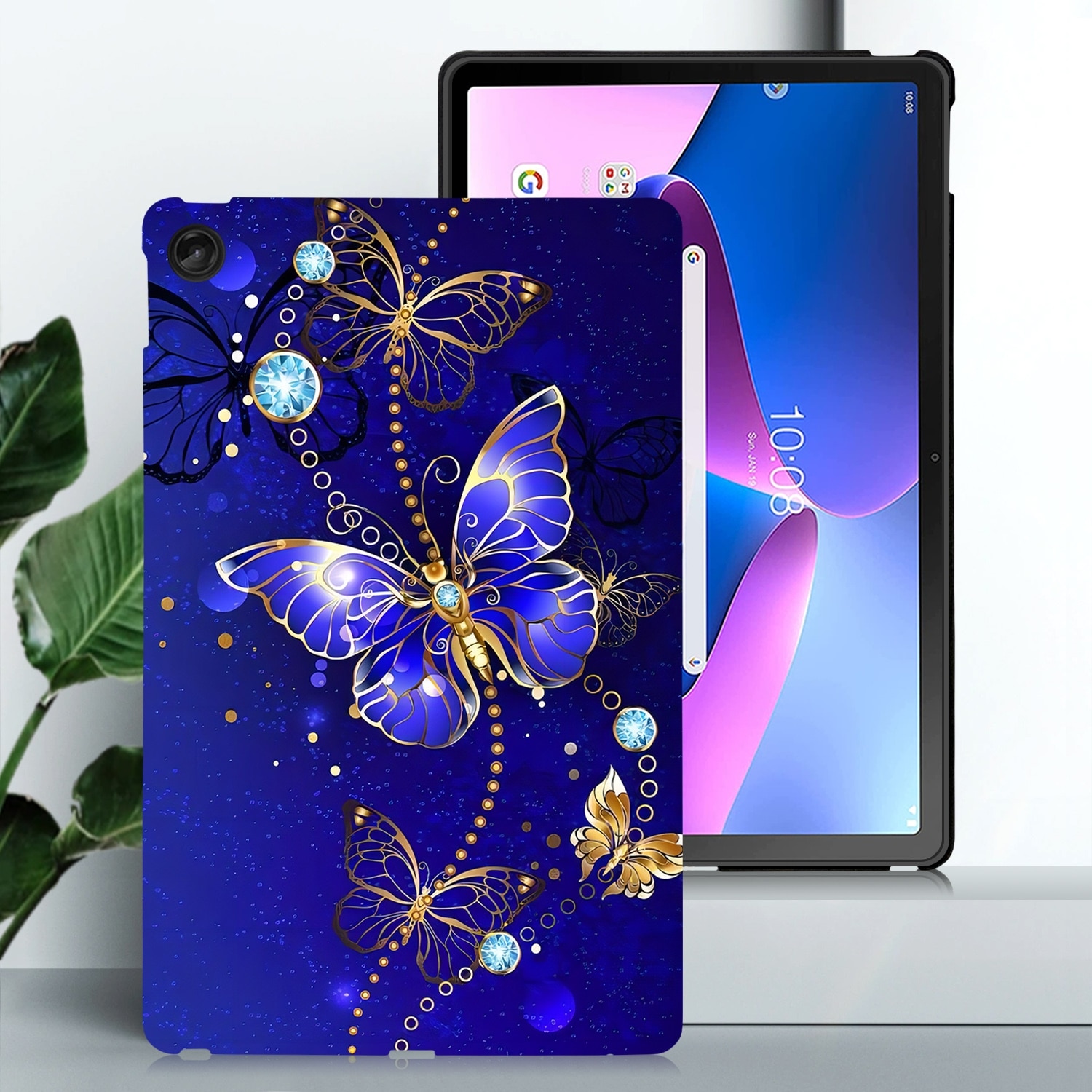 Husa tableta pentru Lenovo Tab M10 Plus 3rd Gen, design colorat cu model de fluture, carcasa inteligenta din TPU, albastru