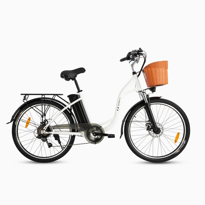 Elektromos városi kerékpár, DYU C6, 26" kerekek, 350 W-os motor, 36 V-os 12,5 Ah-s akkumulátor, max. sebesség 25 km/h, fehér