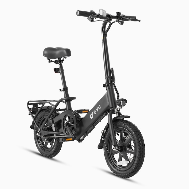 Elektromos városi kerékpár, DYU C3, 14" kerekek, 250 W-os motor, 36 V-os 7,5 Ah-s akkumulátor, max. sebesség 25 km/h, fekete