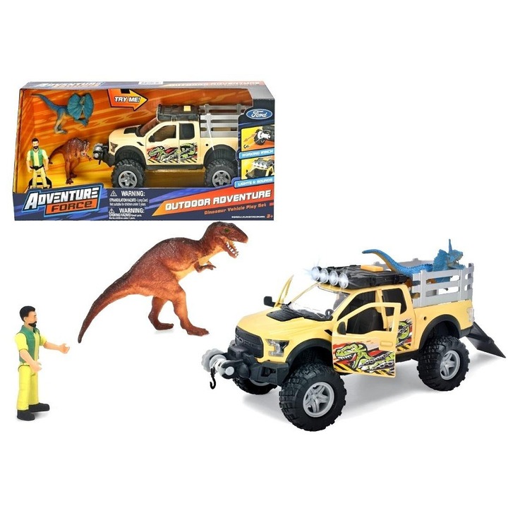 Adventure Force Dinosaur Pro Kids terepjáró pickup, 30 cm, 2 dinoszaurusz figura, sárga-fekete, készlet