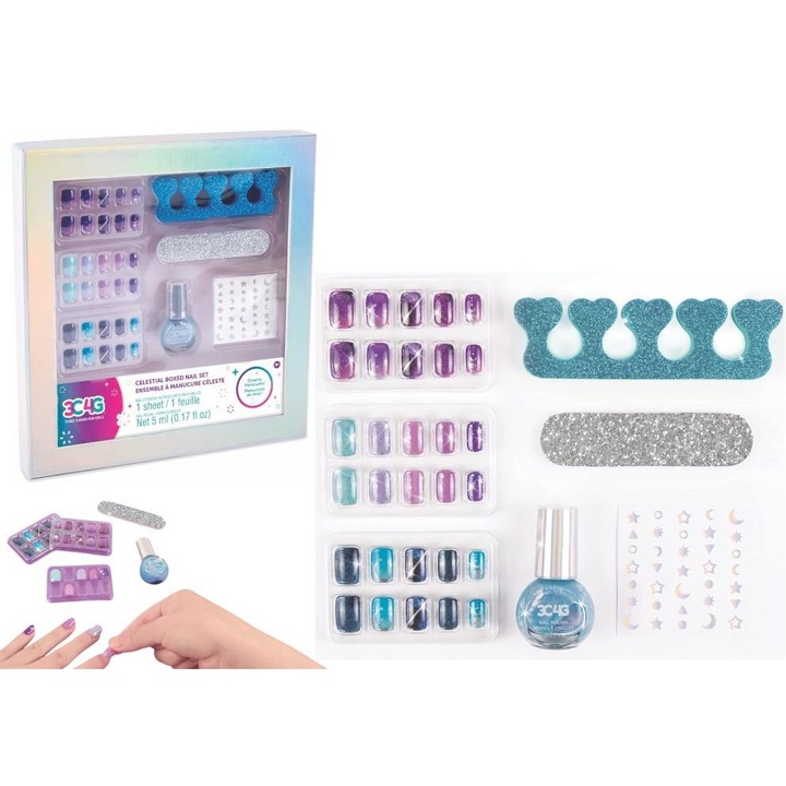 Set manichiura Make It Real 3C4G, 48 unghii, albastru violet argintiu, accesorii