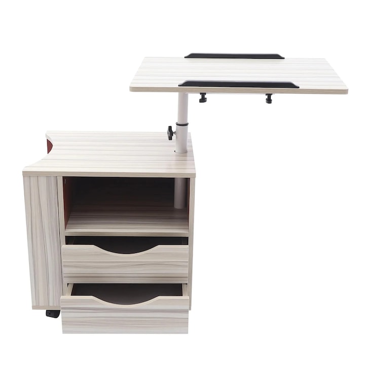 Laptopasztal, fehér juharfa, állítható magasságú, kerekekkel, tárolóhellyel, 60x40cm