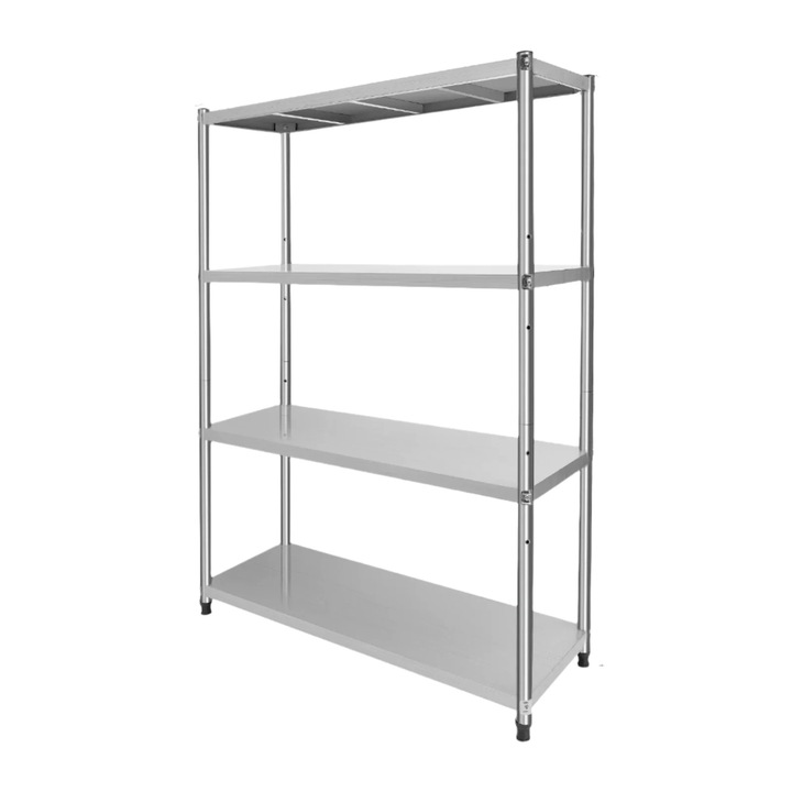 Fém tárolópolc, 4 szint, rozsdamentes acél 201, 50kg, ezüst, 120x40x150cm