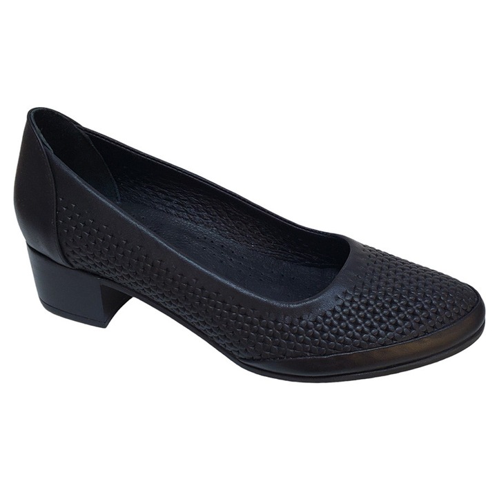 Pantofi Dama Negri Decupati cu Toc Masiv de 4cm, Piele Naturala Dogati – Talpa din Cauciuc si Poliuretan, Interior Dublat, Eleganta si Confort, Negru