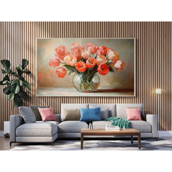 Tablou Canvas Natura - Buchet de Lalele in Vas de Sticla 70x100, panza cu sasiu din lemn gata de agatat decor pentru living sau dormitor