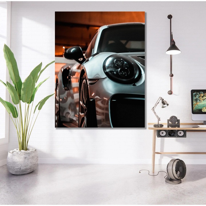 Tablou Porsche Argintiu Canvas ThePrintStudio 60x90 / Cu Rama, panza cu sasiu din lemn gata de agatat decor pentru living sau dormitor