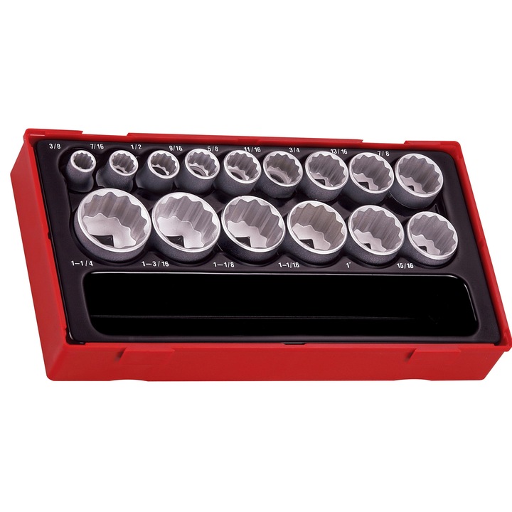 Set 15 chei tubulare 12-unghiuri cu prindere 1/2" Teng Tools, dimensiuni 3/8-1-1/4", cutie plastic