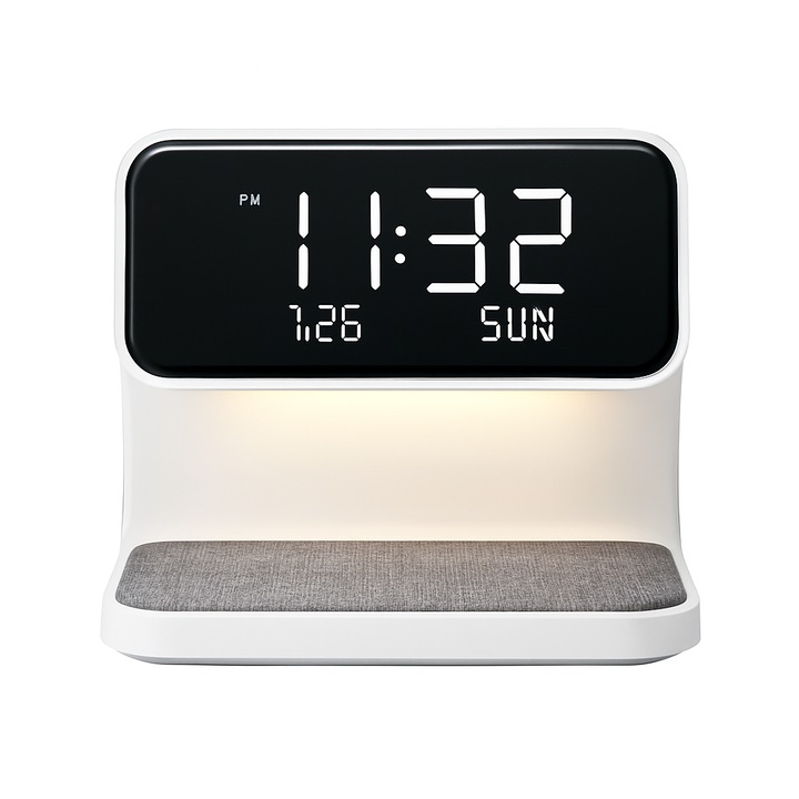 Ceas desteptator digital LED cu incarcare wireless, afisaj temperatura, iluminare ambientala si functie snooze – Design modern pentru birou sau dormitor, Transylvania eDeal