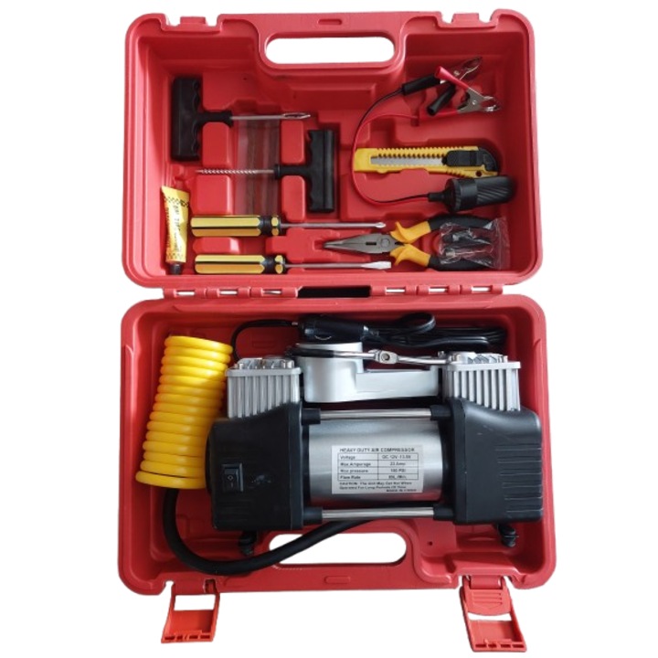 Compresor auto trusa rosie, 12V - 13.5V, 10 Bari, 150 PSI, 23 Amp, 85L / min, accesorii incluse