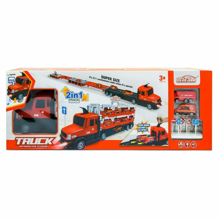 Set tor de curse cu masinute de pompieri, 211cm, multicolor