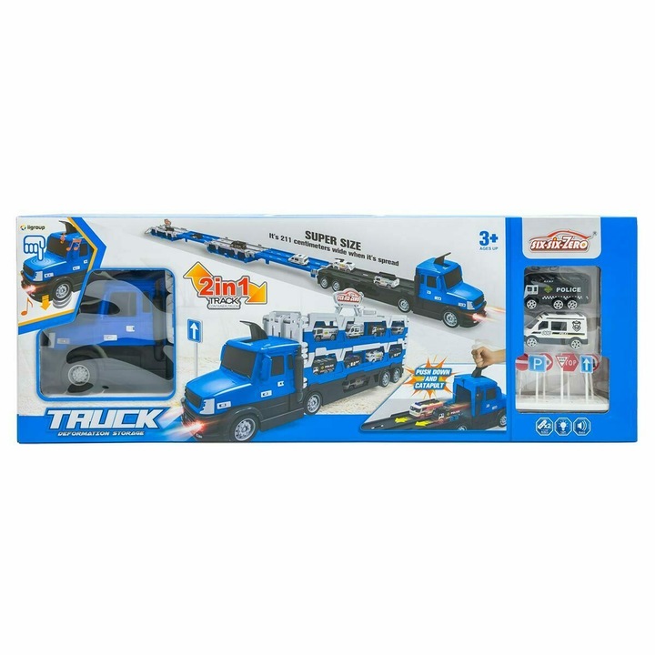 Set pista de curse cu masinute politie, 211cm, 2 in 1, multicolor