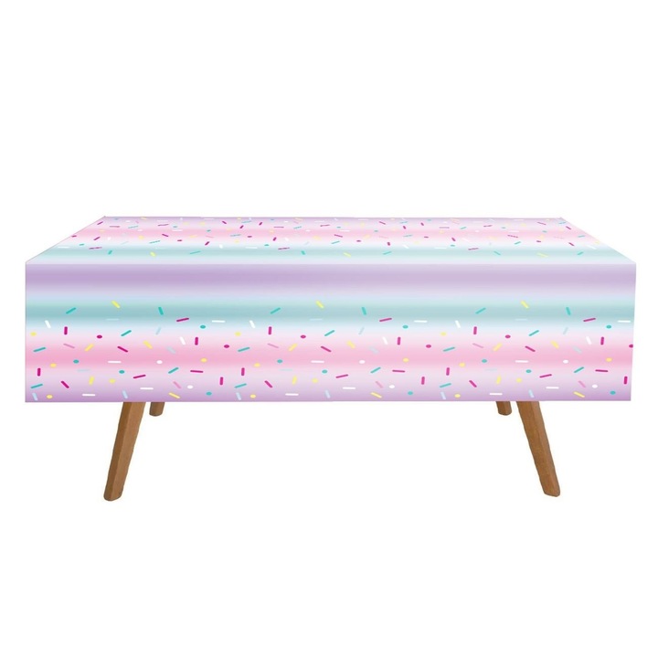 Műanyag terítő 180x120cm pasztell színekben, fagylalt mintával és aranyfóliával, nyári születésnapi bulira