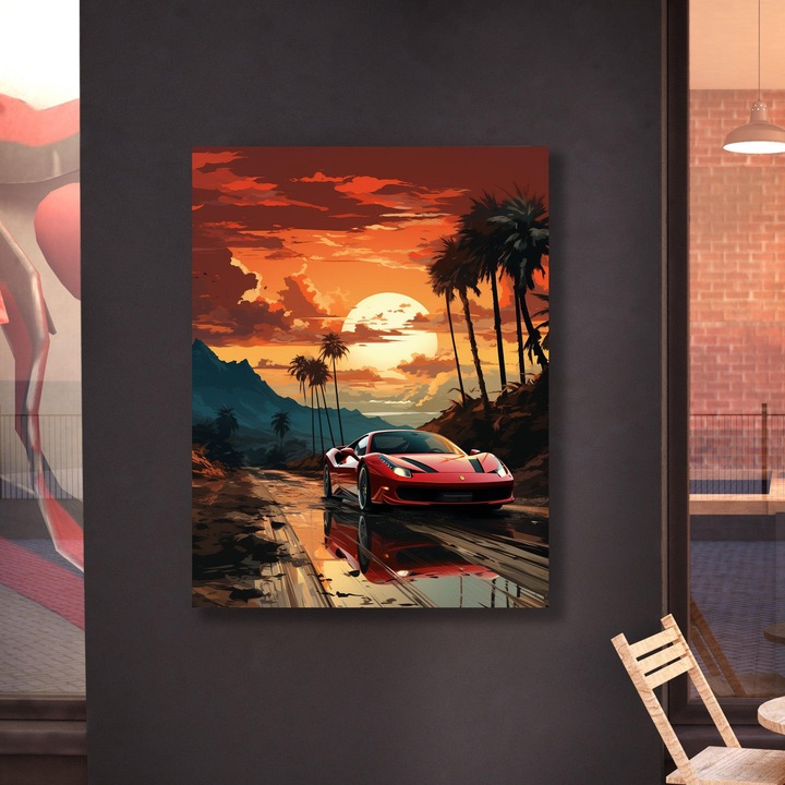Tablou Canvas - Red Ferrari with Sunset 80x120, panza cu sasiu din lemn gata de agatat decor pentru living sau dormitor
