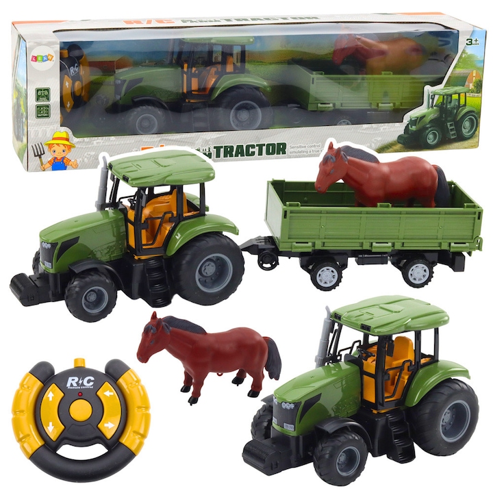 Set de tractor cu remorca si cal, Multicolor