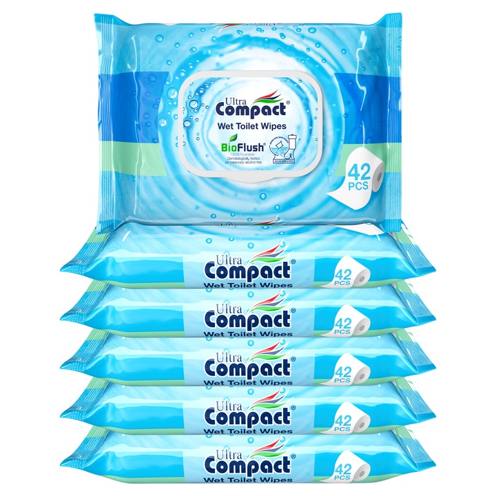 Комплект Мокра тоалетна хартия BioFlush, 6 пакета x 42, 252 броя, Ултра компактна