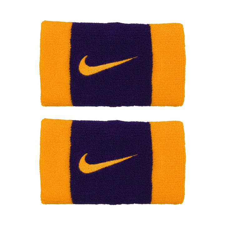 Set 2 mansete pentru incheieturi, Nike Swoosh, dublu late, mov/galben