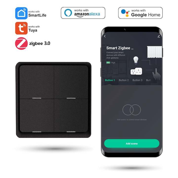 Безжичен превключвател за сцени Zigbee Tuya, 12 функции, черен, 8.6x8.6x1.3см