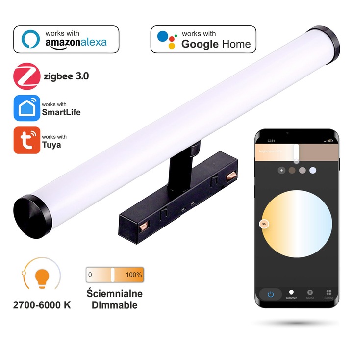 Reflector LED 12W cu WiFi Zigbee, 2700-6000K, negru, pentru sine magnetice SMART TRACK, set 1x spot