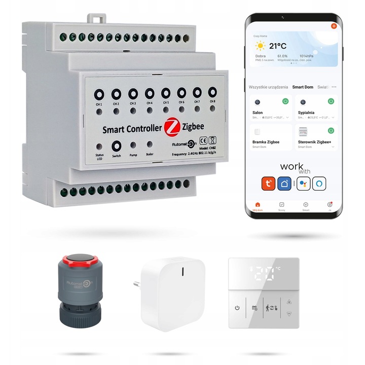 Set de incalzire in pardoseala Zigbee CH8Z, 7 termostate ECO 2, Automat-on, control wireless, 90,2x83,6x57,5mm