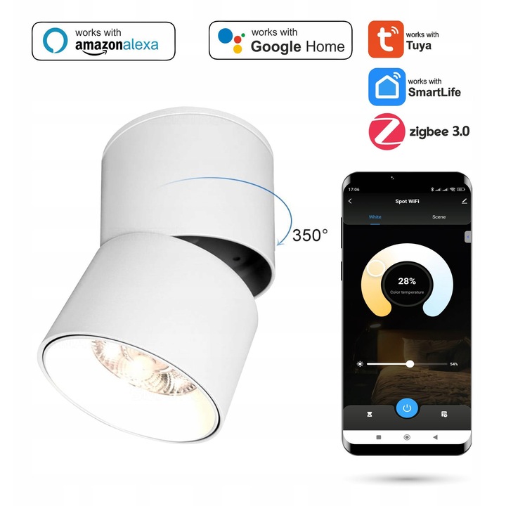 Spot de tavan Zigbee TUYA 9W, montat pe suprafata, reglabil, dimabil, alb