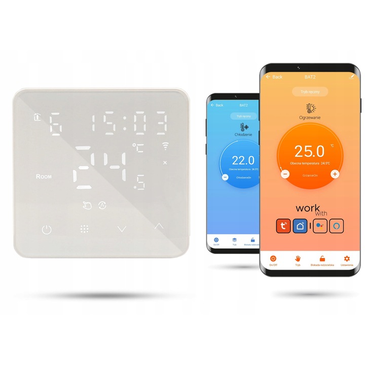 Termostat de cameră, Automat-on, alimentat cu baterii, alb, dimensiuni 70x70x20 mm