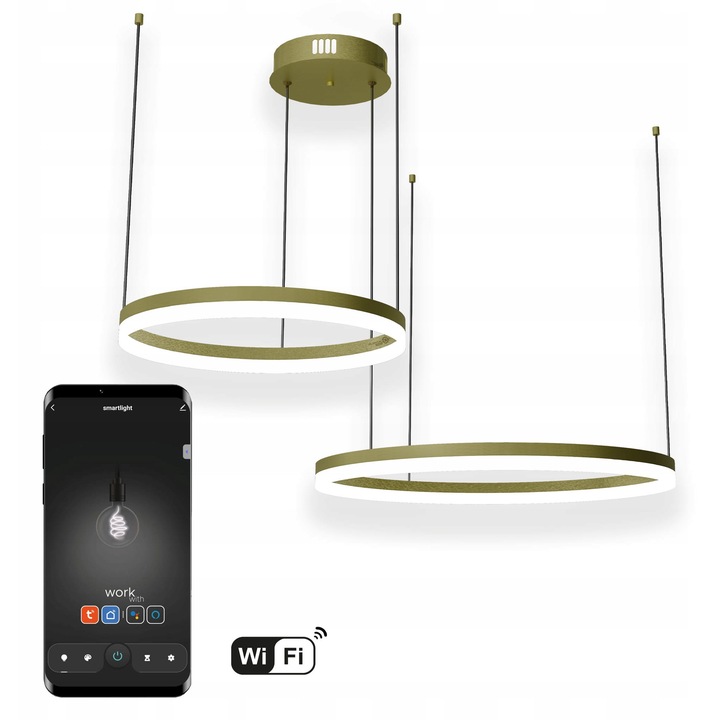 Lampa WiFi LED rotunda 60cm+40cm, aurie, cu telecomanda si control prin aplicatie