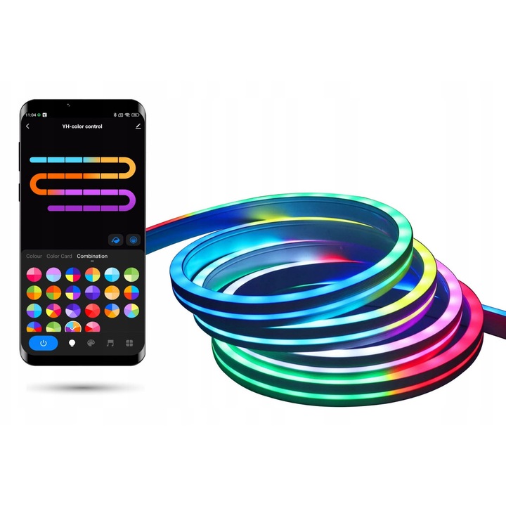 Banda LED Neon, 5m, RGB, 24W, WiFi, Automat-on, telecomanda, IP67, multicolor