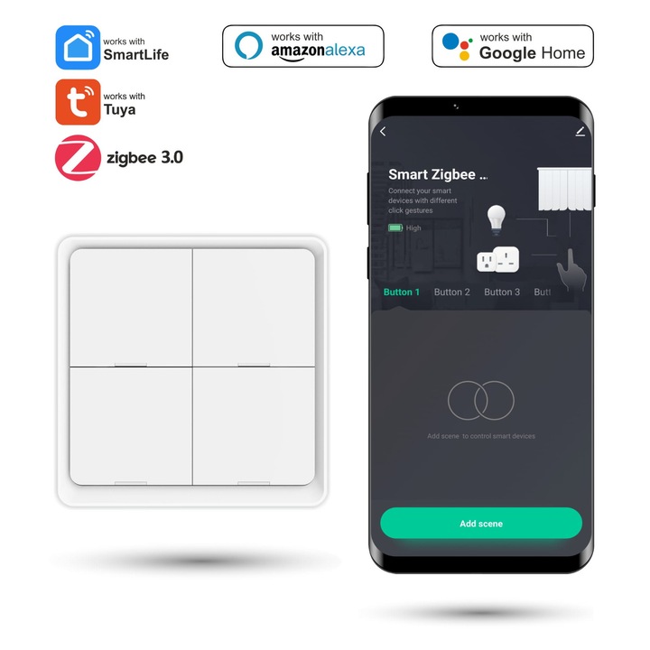 Comutator scena wireless Zigbee Tuya, 12 functii, alb, 8.6x8.6x1.3cm