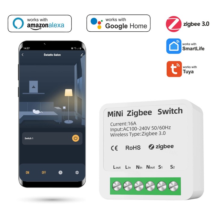 Контролер за осветление Zigbee, Automat-on, dopuszkowy, Гласово управление, 42x42x20mm