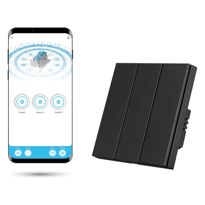 Intrerupator triplu Zigbee Tuya Smart, 3 canale, negru, 86x86x39mm