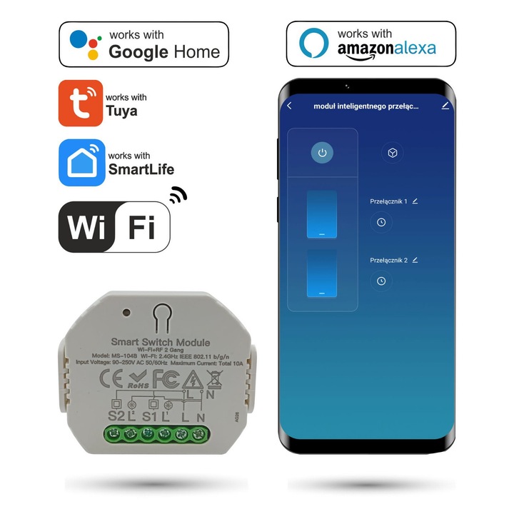 Sterownik osvetlenia 2-kanalowy WiFi, Automat-on, control vocal, dimensiuni 53x48x19mm