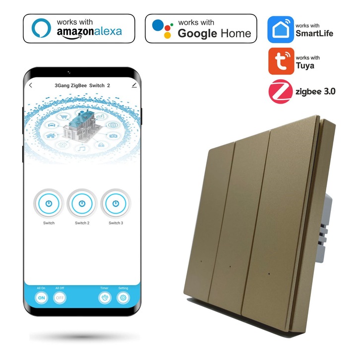 Intrerupator triplu inteligent Zigbee Tuya cu N Life Gold