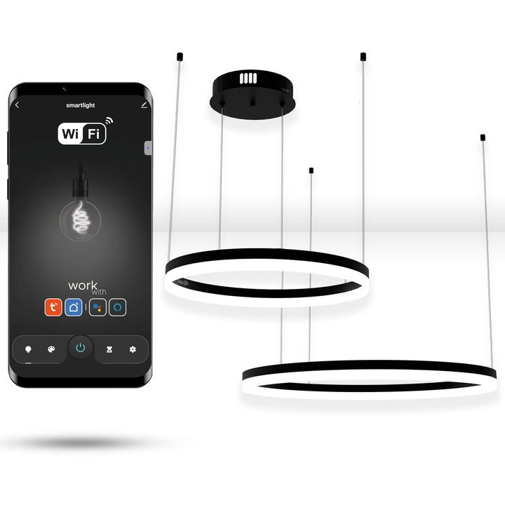 Lampa suspendata WiFi LED, 60cm+40cm, neagra, cu telecomanda si control prin aplicatie