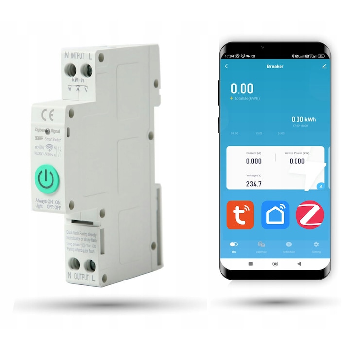 Siguranță inteligentă Automat-on Zigbee 1-63A, control de la distanță, măsurare energie, alb, 100x73x17mm
